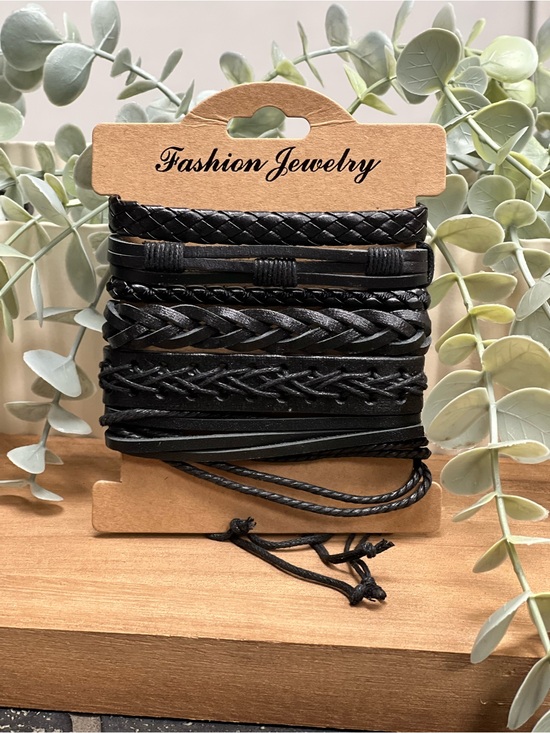 Jewelry - Black Fashion Jewelry Layered Leather 6 pc Bracelet Set